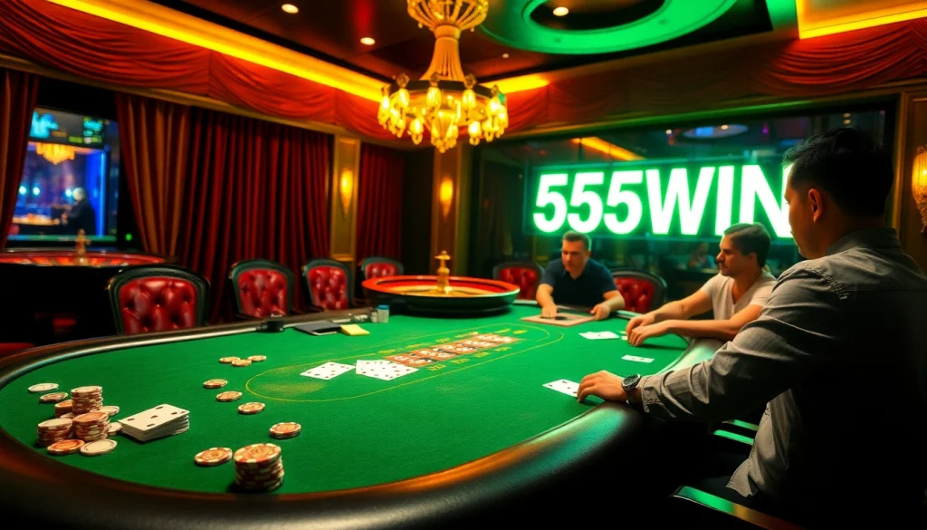 Engaged players enjoying a thrilling game at 555WIN casino poker table with vibrant chips and cards.