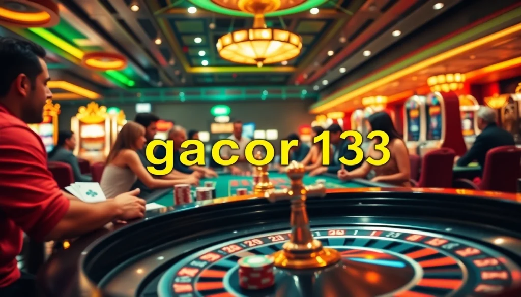 Experience the excitement of gacor123 at a bustling casino table with colorful poker chips and cards.